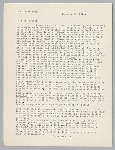 Carnegie writes on Flint's position with the company and on Bethlehem Steel Company's dealings in South America