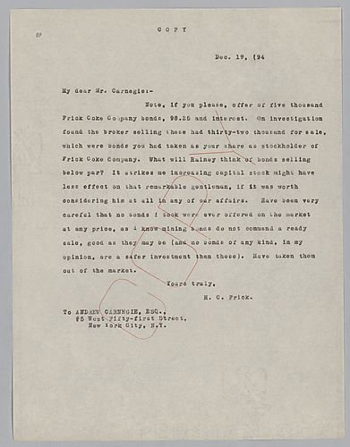 Frick writes on finding a stockholder selling some of Carnegie's shares in the Frick Coke Company