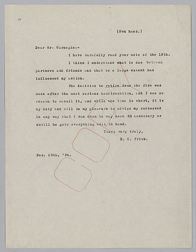 Carnegie writes from New York, [N.Y.] that he is not selling any of his shares in the Frick Coke Company