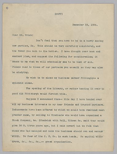 Carnegie writes to outline his own retirement plan and how his stake in the company should be divided, with Frick as his successor