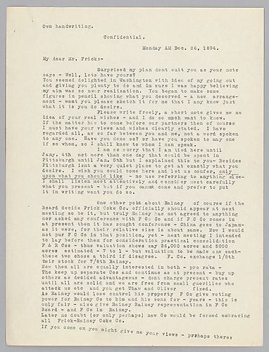 Carnegie writes to ask what measures in Carnegie's retirement would suit Frick. He then writes on Rainey and attempts to explain his goals in dealing with him and his coke company
