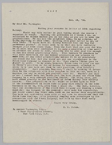 Frick writes on the maneuvers of Rainey and comments with disdain on Carnegie's proposition with Rainey