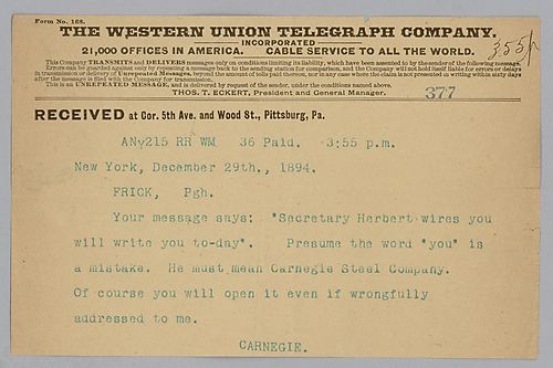 Carnegie writes from New York, [N.Y.] to say that Secretary Herbert will be writing the company