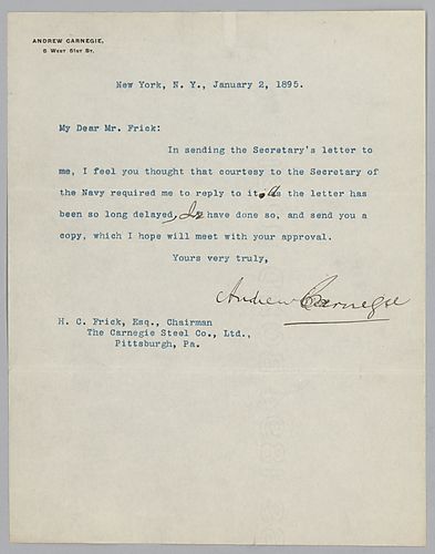 Carnegie writes from New York, [N.Y.] to send a copy of his letter to the Secretary of the Navy in which he details the company's stance on treatment of nickel-steel