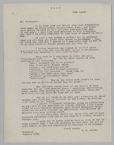 Frick writes to say that Carnegie needs to treat Frick's retirement in a rational businesslike way rather than as the decision of a "disordered man."