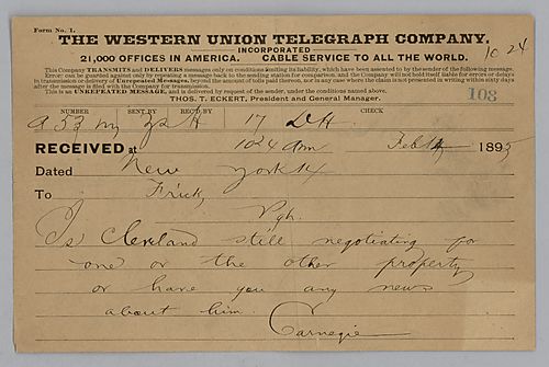 Carnegie writes from New York, [N.Y.] to ask if Frick knows anything about President Cleveland's property negotiations
