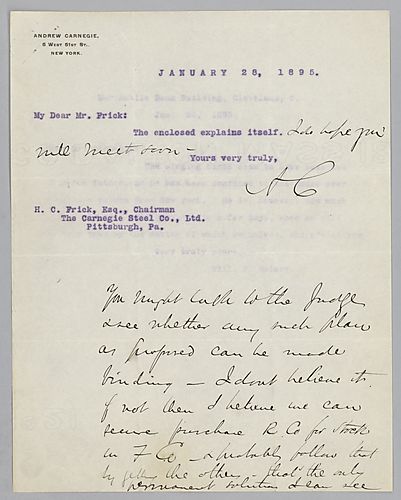 Carnegie writes, "the enclosed explains itself." In a handwritten post-script, he comments that he believes he can purchase Rainey Coke Company for stock in Frick Coke Company