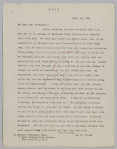 Frick writes on a chat he had with William T. Rainey over the suspect legality of the two companies' agreement