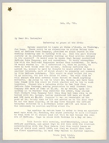 Frick writes to advise Carnegie against relying on Rainey as it would weaken the position of the company with railroads