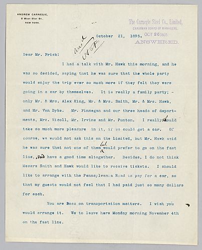 Carnegie writes from New York, [N.Y.] on getting a car for the whole group of department heads on their trip
