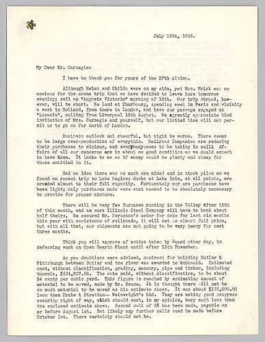 Frick writes on his trip to Europe, business prospects, and ore stockpiles in the Lake Region