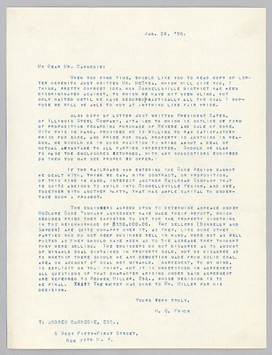 Frick writes about the Connellsville District, business with the Illinois Steel Company, and of the property sold in the McClure Coke Company agreement