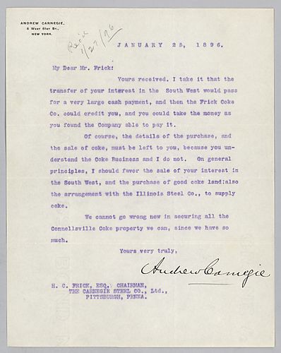Carnegie writes from New York, [N.Y.] on the transportation of Connellsville coke by railroad