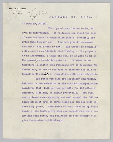 Carnegie writes from New York, [N.Y.] on Frick's interest in the South West Connellsville Coke property