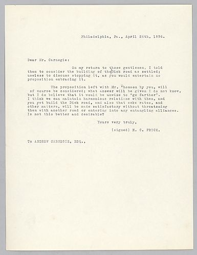 Frick writes from Philadelphia stating that the construction of the Dick Road is settled