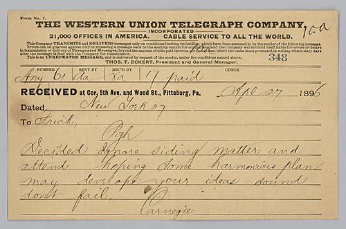 Carnegie writes from New York, [N.Y.] telling Frick to drop siding matter and that Frick's ideas are sound