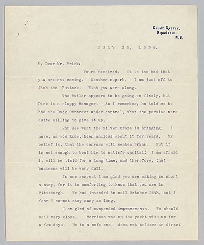 Carnegie writes from Kingussie [Scotland] on how he's disappointed to not see Frick in Scotland, on the silver craze, and how he will be glad that Frick will be in Pittsburgh. Carnegie also mentions his sailing adventures and cautions Frick about purchasi