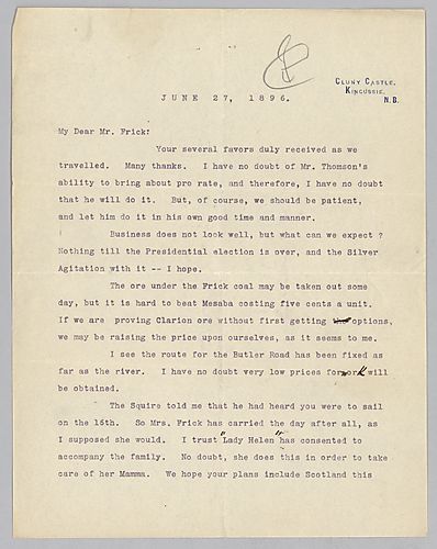 Carnegie writes from Kingussie [Scotland] on Mr. Thomson's business dealings, the ore under Frick coal, and Frick's vacation plans