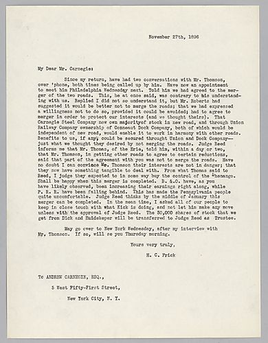 Frick writes to Carnegie on their merger of two railroads and on his conversation with Mr. Thomson about it