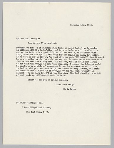 Frick writes to Carnegie on the proposed alliance with Mr. Rockefeller and on how to deal with Mr. Oliver