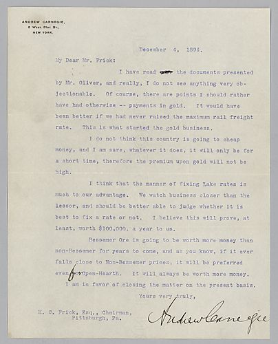Carnegie writes from New York [N.Y.] and tells Frick that he doesn't object with the documents from Mr. Oliver