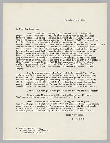 Frick writes to Carnegie on his conversation with Gates on South West stock, on creating a long term lease with Rockefeller, and on the royalty payments in the Rockefeller lease agreements
