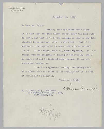 Writing from New York [N.Y.], Carnegie thinks that the Gold Clause in the Rockefeller lease should cover the rail rate