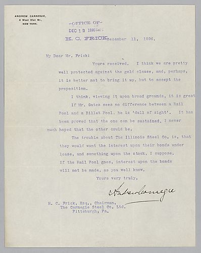 Carnegie writes from New York [N.Y.] on their protection against the gold cause and that they should accept the proposition. He also mentions. Mr. Gates and troubles at Illinois Steel Co