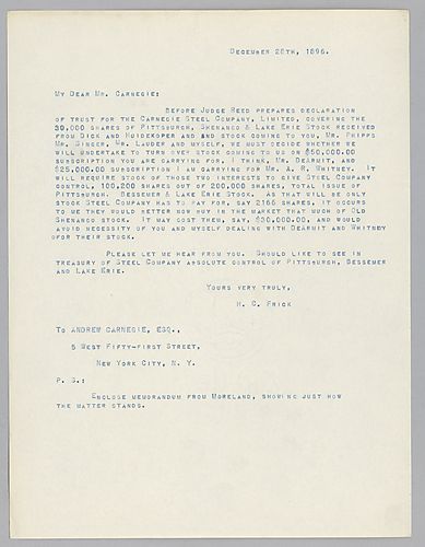 Frick writes to Carnegie on matters related to the stock of Pittsburgh, Shenango, and Lake Erie