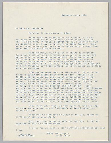 Frick thinks that forming a trust wouldn't be necessary if they had stock in hand and tells Carnegie to be careful in handing out interests. Frick also mentions the non-Bessemer ore market