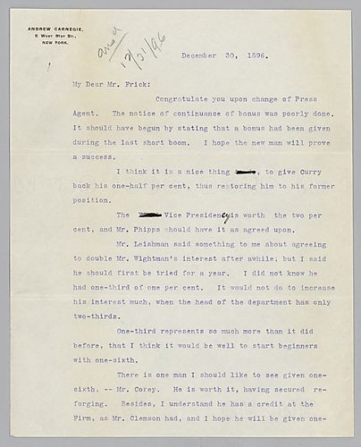 Writing from New York [N.Y.], Carnegie congratulates Frick on his new press agent and thinks that the important businessmen in the company should have their stock interests increased