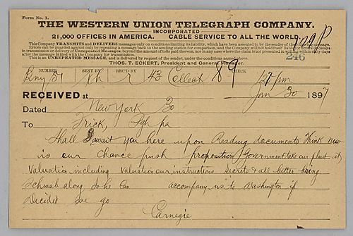 Carnegie writes from New York [N.Y.] telling Frick he'll await him there to discuss propositions for the government