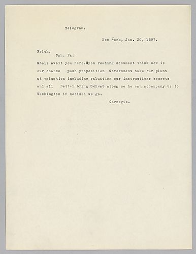 Carnegie writes from New York [N.Y.] telling Frick he'll await him there to discuss propositions for the government