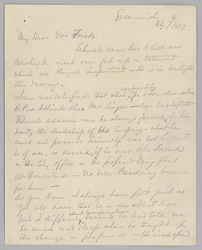 Carnegie writes from Greenwich [Conn.] on their business in Washington, Mr. Leishman's retirement, and the situation with Scranton