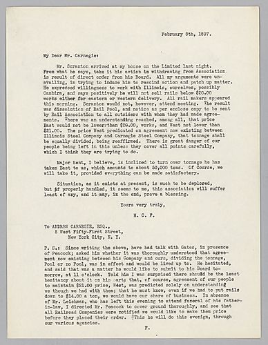 Frick writes to Carnegie on his conversation with Mr. Scranton and that Scranton withdrew from the association because of his board