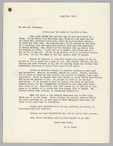 Frick writes on his upcoming trip abroad, increased business, and on ore properties