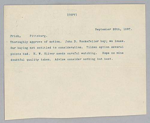 Carnegie approves of Frick's actions and thinks H.W. Oliver needs to be watched