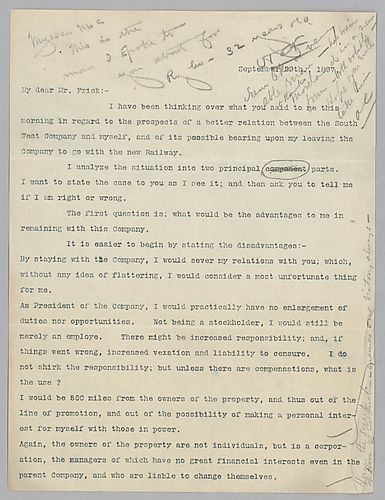 Haskell writes to Frick on either his possible promotion in the South West [Connellsville Coke] Company or his leaving the company. [Included ALS, AC to HCF, 1p.] SCN: Carnegie thinks this man is able and Frick should take him
