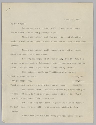 Carnegie thinks Frick's opinion on the Iron Clad agreement is "off," and he goes on to mention the partners' interest