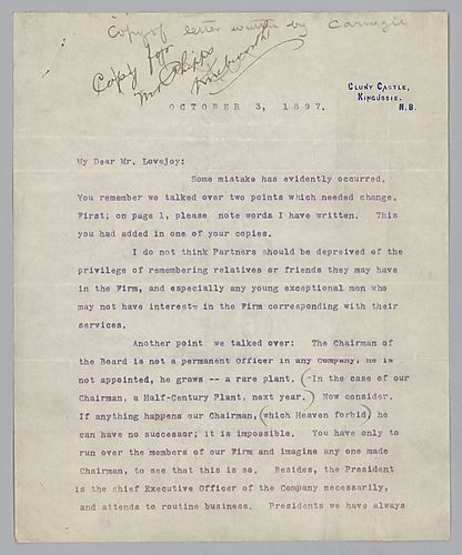 Carnegie writes from Cluny Castle, [Scotland] on the indispensability of Frick. In a handwritten post-script, Carnegie expresses his disinterest in Schwab's doings at Duquesne