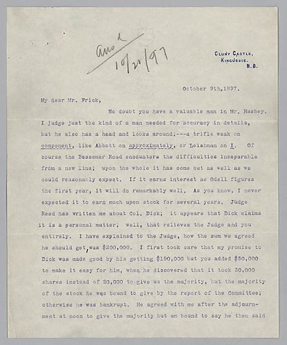 Carnegie writes from Cluny Castle, [Scotland] on receiving shares from Col. Dick, railroad shipment policies, company policy toward young partners, and his travel itinerary
