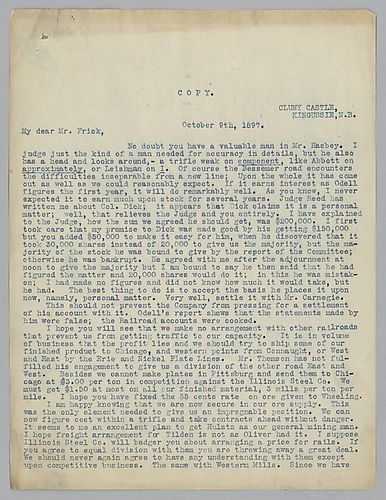 Carnegie writes from Cluny Castle, [Scotland] on receiving shares from Col. Dick, railroad shipment policies, company policy toward young partners, and his travel itinerary