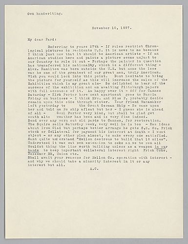 Carnegie writes on the art Frick mentioned in his October 27, 1897 letter as well as his skepticism towards the proposed Mellon railroad line