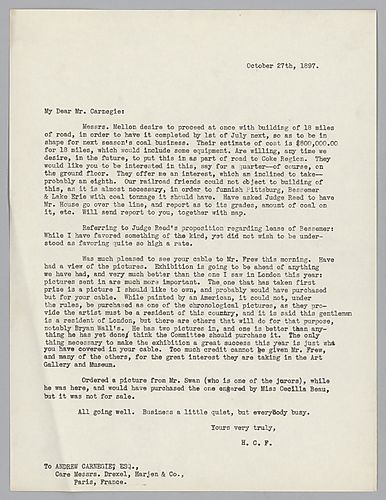 Frick writes on Mellon's desire to build a railroad to the coke region and on purchasing art for a museum/art gallery