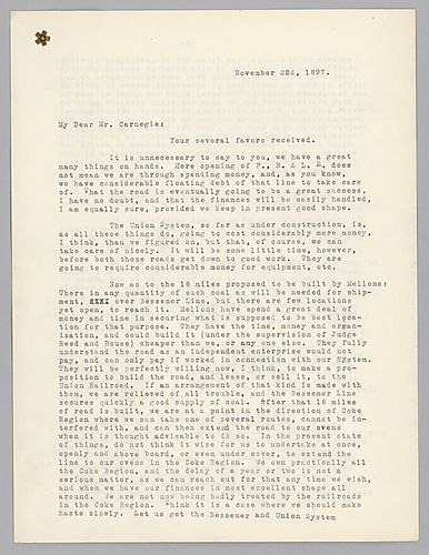 Frick writes on the proposed Mellon railroad, the ironclad, and coal land acquisitions