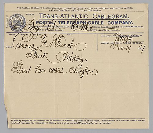 Carnegie writes from Cannes, "Great have cabled strongly."