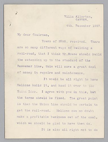 Carnegie writes from Cannes on Mellon's proposed railroad and on prices and shipping rates to Chicago