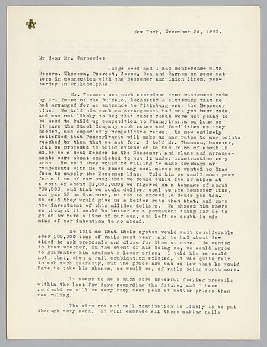 Frick writes on talks over the construction of Mellon's coal railroad line and on the wire rod and nail combination soon to go through