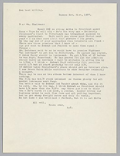 Carnegie writes from Cannes on Frick's Art exhibit and on increases to the younger partners