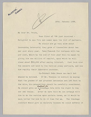 Carnegie writes from Cannes, [France] on keeping partners' interests increasing slowly and coke shipping rates. In a handwritten post-script, he comments on the health benefits of the Cannes climate